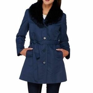 Dennis Basso Faux Fur Collar Black Trench SZ M
